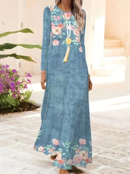 Spring Autumn casual style Floral Pattern On Denim Blue Dress women's dress