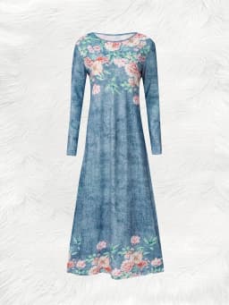 Spring Autumn casual style Floral Pattern On Denim Blue Dress women's dress