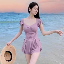 Sweet Floral Print Ruffle Sleeve One Piece Swimsuit Dress with Flared Skirt Modest Swimwear for Beach Pool Vacation