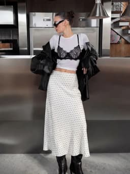 HH Women Elegant Polka Dot Satin Midi Skirt High Waist Silky Long Skirt Casual Daily Office Wear Retro Summer Streetwear