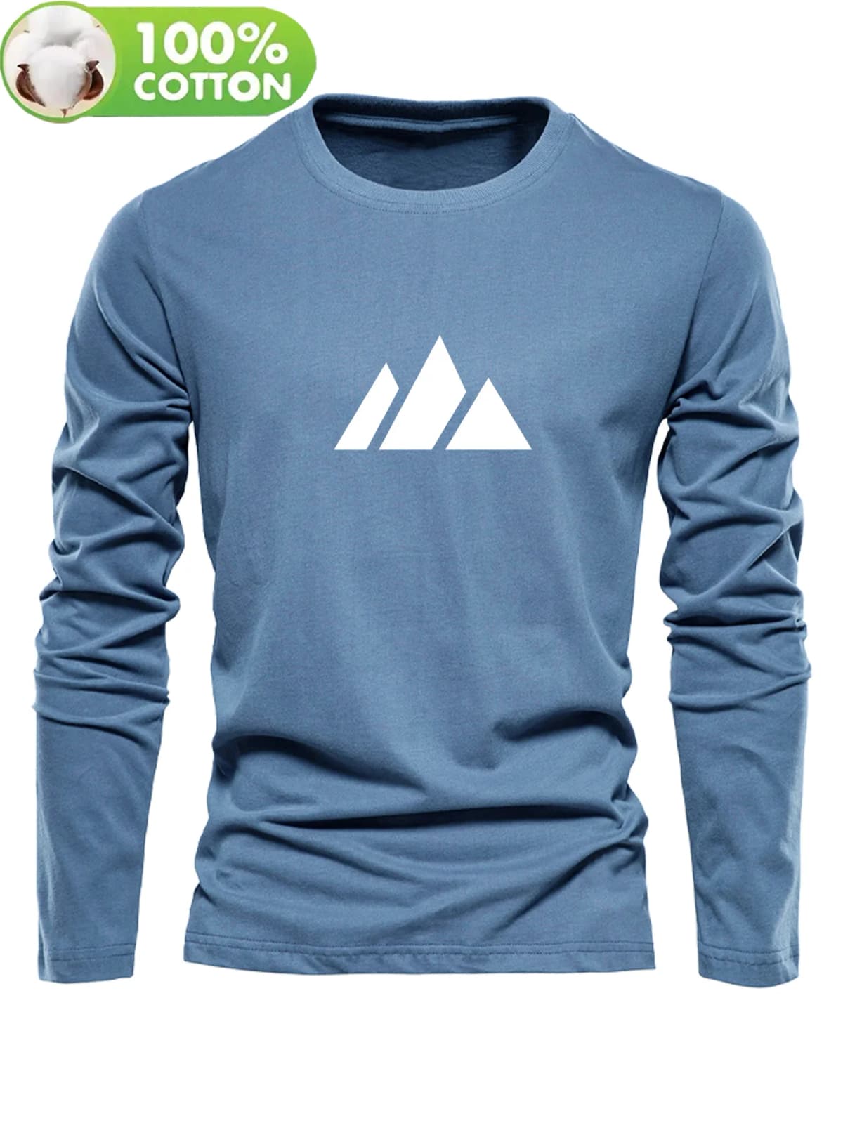 Men's 100% pure cotton loose and comfortable casual sports mountain pattern printed round neck long sleeved T-shirt versatile