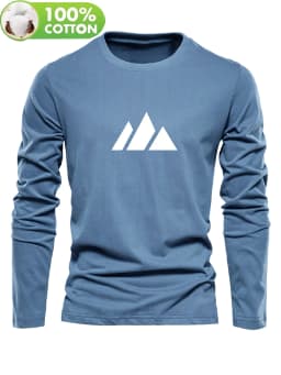 Men's 100% pure cotton loose and comfortable casual sports mountain pattern printed round neck long sleeved T-shirt versatile