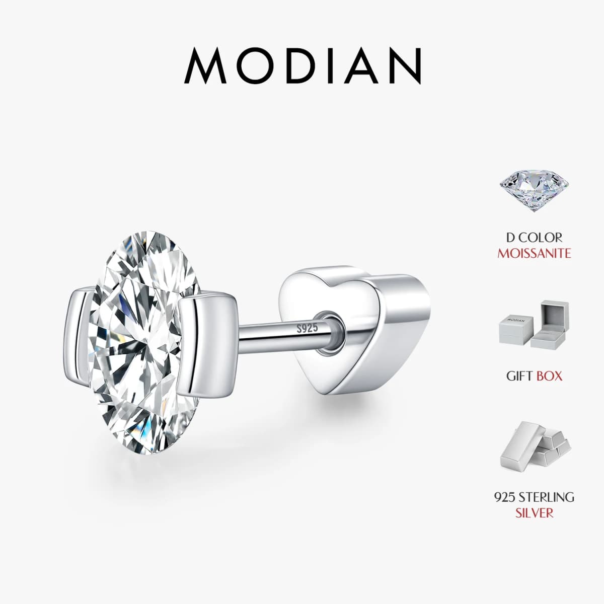 MODIAN D Color Oval Moissanite Heart Screw Helix Earrings Cartilage 925 Sterling Sliver Stud Earrings For Women Fine Jewelry