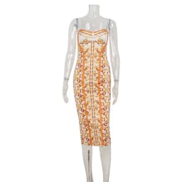 2026 Summer Fashion New Women's Elegant Gold Printed Long Dress with Strap and Slim Female Hip Hugging Vacation Party Dress
