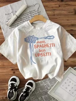 More Spaghetti Less Upsetti Funny Pasta Graphic T-Shirt, Casual Crew Neck Short Sleeve Top for Girls Women, Summer Daily Wear