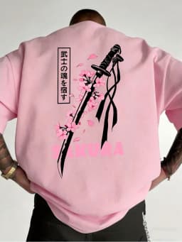 Japanese Katana Sakura Printed Cotton T-Shirts Mens Summer O-Neck Short Sleeve T Shirt Soft Oversized Tops Basic Male Clothes
