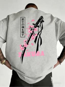 Japanese Katana Sakura Printed Cotton T-Shirts Mens Summer O-Neck Short Sleeve T Shirt Soft Oversized Tops Basic Male Clothes