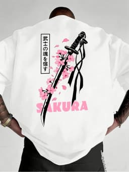 Japanese Katana Sakura Printed Cotton T-Shirts Mens Summer O-Neck Short Sleeve T Shirt Soft Oversized Tops Basic Male Clothes