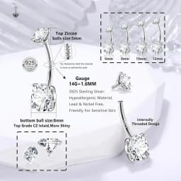 Fansilver 14G 925 Sterling Silver Belly Button Rings for Women Cubic Zirconia Navel Barbell Hypoallergenic Body Piercing Jewelry