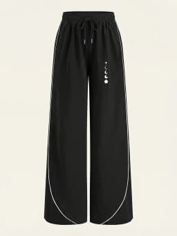 Women's Casual Pants, a Must-Have for Trendy Looks, Summer Casual Lazy Style Moon Phase and Star Track Print Color-Blocked Wide-Leg Casual Pants, Loose Fit with Strong Drape, Comfortable and Versatile Women's Casual Pants, Summer Daily Home Wear, Women's Clothing