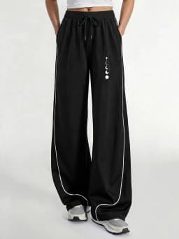 Women's Casual Pants, a Must-Have for Trendy Looks, Summer Casual Lazy Style Moon Phase and Star Track Print Color-Blocked Wide-Leg Casual Pants, Loose Fit with Strong Drape, Comfortable and Versatile Women's Casual Pants, Summer Daily Home Wear, Women's Clothing