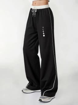 Women's Casual Pants, a Must-Have for Trendy Looks, Summer Casual Lazy Style Moon Phase and Star Track Print Color-Blocked Wide-Leg Casual Pants, Loose Fit with Strong Drape, Comfortable and Versatile Women's Casual Pants, Summer Daily Home Wear, Women's Clothing