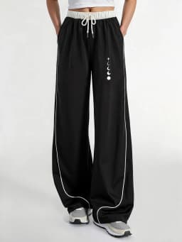 Women's Casual Pants, a Must-Have for Trendy Looks, Summer Casual Lazy Style Moon Phase and Star Track Print Color-Blocked Wide-Leg Casual Pants, Loose Fit with Strong Drape, Comfortable and Versatile Women's Casual Pants, Summer Daily Home Wear, Women's Clothing