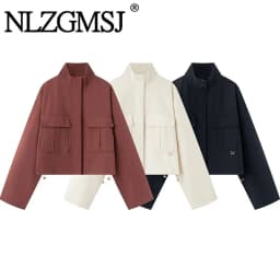 NLZGMSJ 2026 Spring Stand-up Collar Pocket Jacket New Trends Commute Casual Jacket Women Fashion Simple Jacket