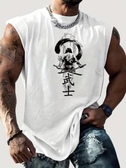 100% Pure Cotton Men's Summer Casual Sports Fitness Loose Japanese Samurai Print Breathable Round Neck Sleeveless Vest