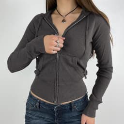 Spring and autumn new style American street plain-color ribbed hooded zipper pocket patchwork coat versatile casual jacket