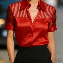 Women Satin Blouse Short Sleeve Sheer Striped Mesh Panel Collared Shirt Top Office Wear
