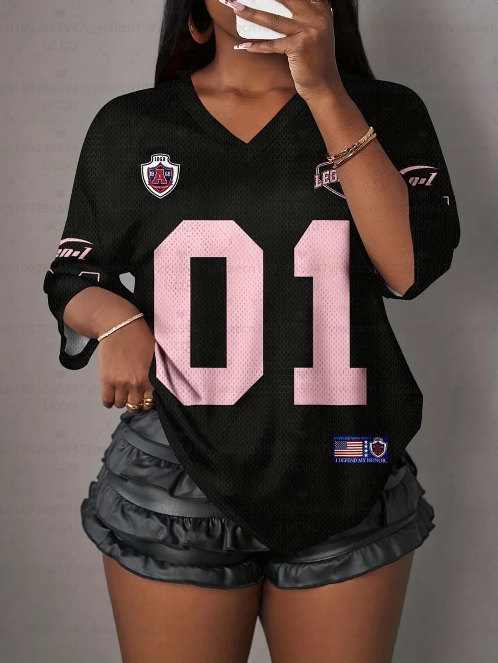 Women's Letter NO.01 Print V-Neck Short Sleeve T-Shirt Summer Graphic Tee Sport Jerseys Plus Size Sport T-Shirt