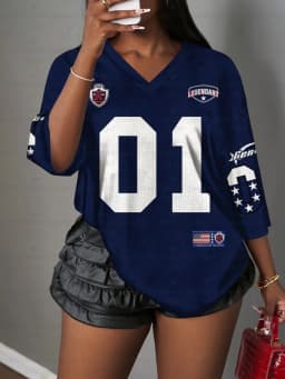 Women's Letter NO.01 Print V-Neck Short Sleeve T-Shirt Summer Graphic Tee Sport Jerseys Plus Size Sport T-Shirt