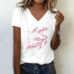 T-shirt V Neck Casual Fashion Y2k Cherry Blossom Flower Printed T Shirts Women Short Sleeve Tee Shirt V-Neck Summer Spring