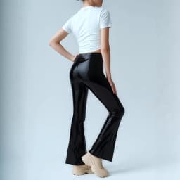 New PU Mirror Leather Pants European And American Womens High Waist Black Casual Flared Trousers Slim Fit Long Pants