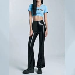 New PU Mirror Leather Pants European And American Womens High Waist Black Casual Flared Trousers Slim Fit Long Pants
