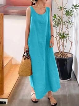 Summer beach vacation style, loose and large-sized women's round-neck sleeveless cotton and linen floor-length dress