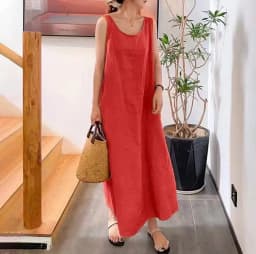 Summer beach vacation style, loose and large-sized women's round-neck sleeveless cotton and linen floor-length dress