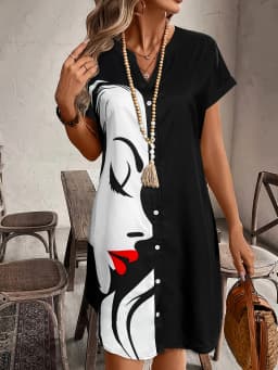 Women's Vintage Portrait Print Button Down Shirt Dress Summer Casual Short Sleeve Loose Tunic Dress