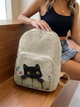 Cute Black Cat & Floral Bird Print Women Fashion Backpack Corduroy Multi-pocket Large Capacity Commuter Bag