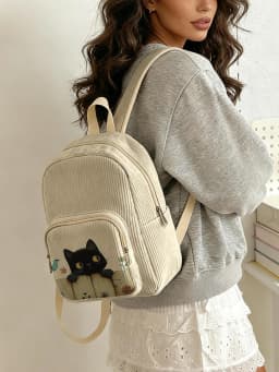 Cute Black Cat & Floral Bird Print Women Fashion Backpack Corduroy Multi-pocket Large Capacity Commuter Bag