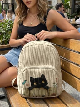 Cute Black Cat & Floral Bird Print Women Fashion Backpack Corduroy Multi-pocket Large Capacity Commuter Bag