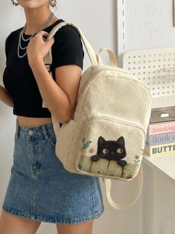 Cute Black Cat & Floral Bird Print Women Fashion Backpack Corduroy Multi-pocket Large Capacity Commuter Bag