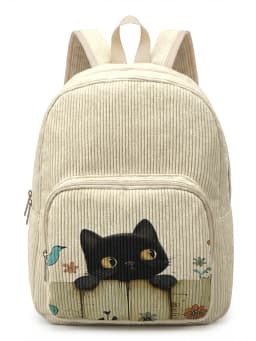 Cute Black Cat & Floral Bird Print Women Fashion Backpack Corduroy Multi-pocket Large Capacity Commuter Bag
