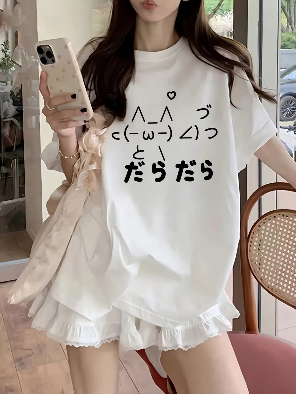 Funny Lazy Daradara Japanese Text T-shirt Cute Kaomoji Printed White Tee Unisex Casual Summer Short Sleeve Streetwear Tops