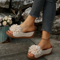 New Summer Women's Flower Decoration Wedge Sandals Open Toe Slip-On Comfortable Breathable Casual Outdoor Shoes Non-Slip Sole