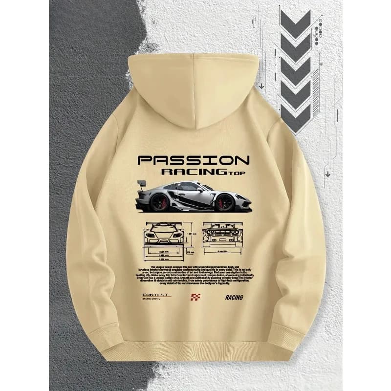 Men's Passion Racing Printed Hoodie, Racing and Sports Car Illustrations, Suitable for Daily Wear