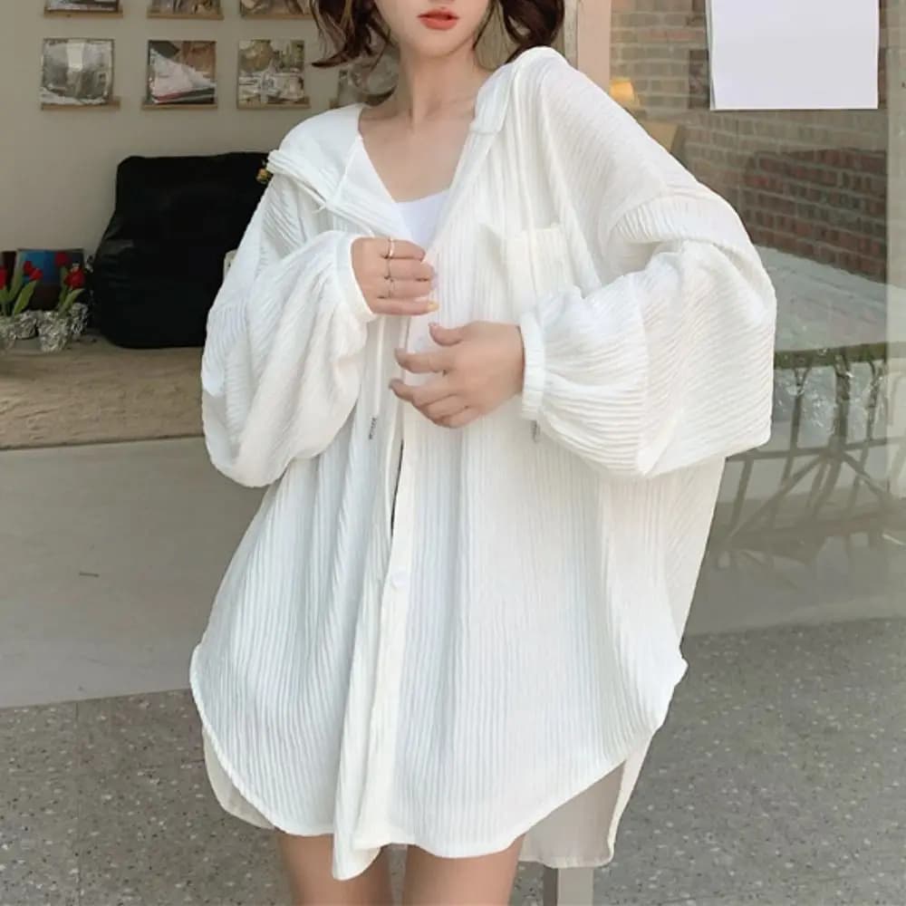 Thin Drawstring Hooded Shirt Simple Ice Silk Long Sleeved Hooded Loose Clothing Sun Protection Tops Holiday