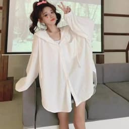 Thin Drawstring Hooded Shirt Simple Ice Silk Long Sleeved Hooded Loose Clothing Sun Protection Tops Holiday