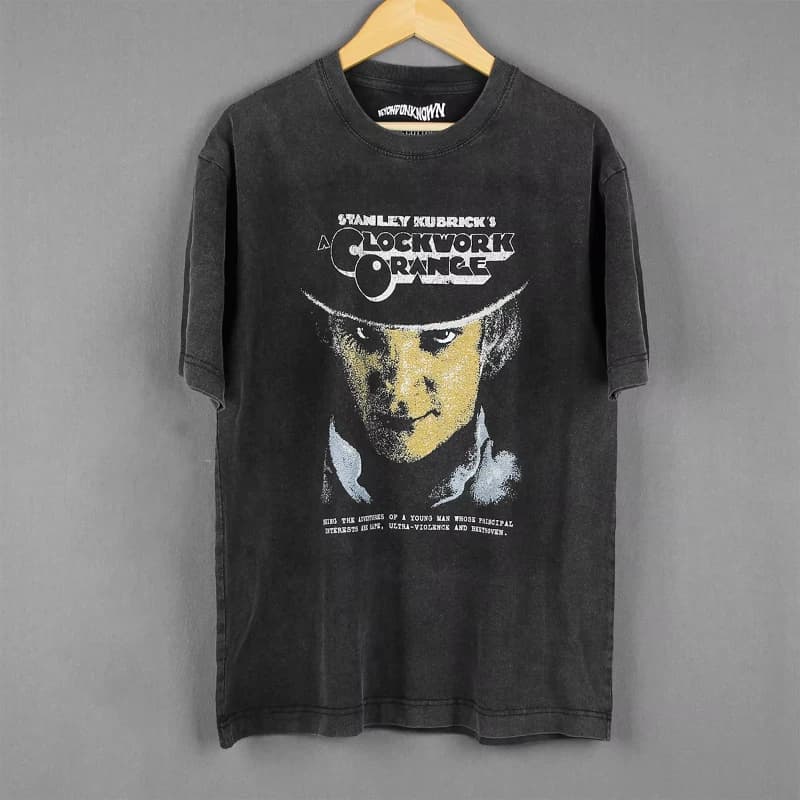 Vintage cotton long sleeved washed printed T-shirt, spring orange T-shirt, Stanley Kubrick guessing train, Thelma Louise movie