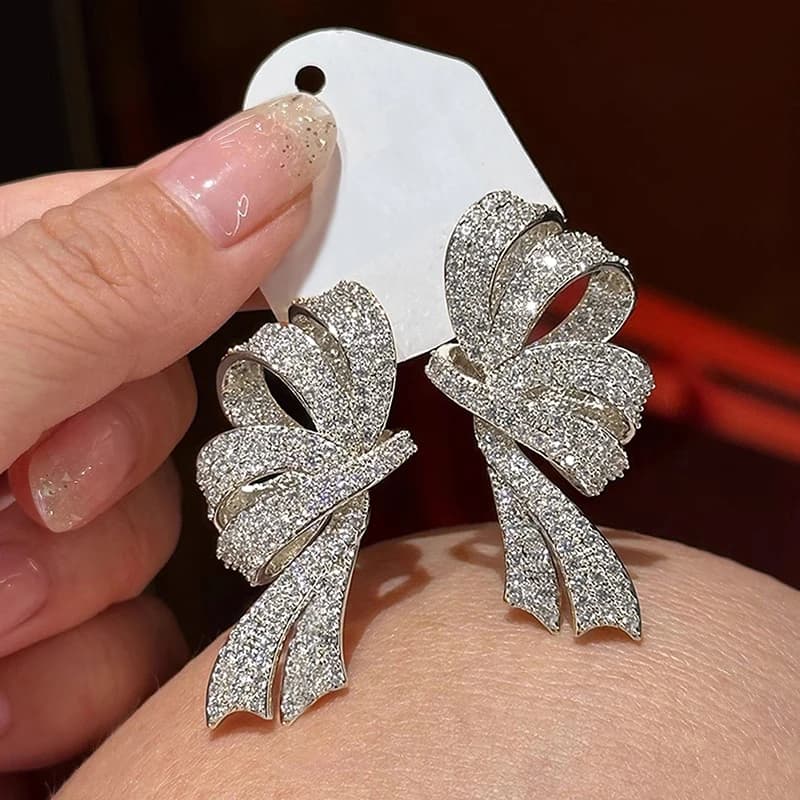 Huitan Gorgeous Bow Drop Earrings Paved Sparkling CZ Silver Color/Gold Color Exquisite Ribbon Earrings Trendy Jewelry for Women