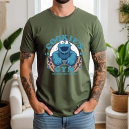2026 Summer 100% Cotton Cookie’s Gym Graphic Oversized Tee Cookie Monster 1966 Retro Funny Cartoon Themed Short Sleeve