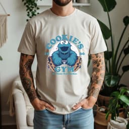 2026 Summer 100% Cotton Cookie’s Gym Graphic Oversized Tee Cookie Monster 1966 Retro Funny Cartoon Themed Short Sleeve