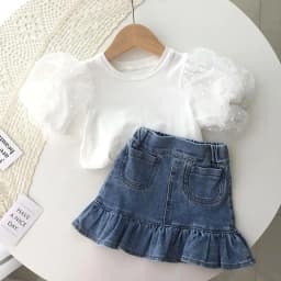 2026 New Summer Baby White Mesh Splice Puff Sleeve Top Girls Short Sleeve Base Shirt Fashionable Toddler T-Shirt