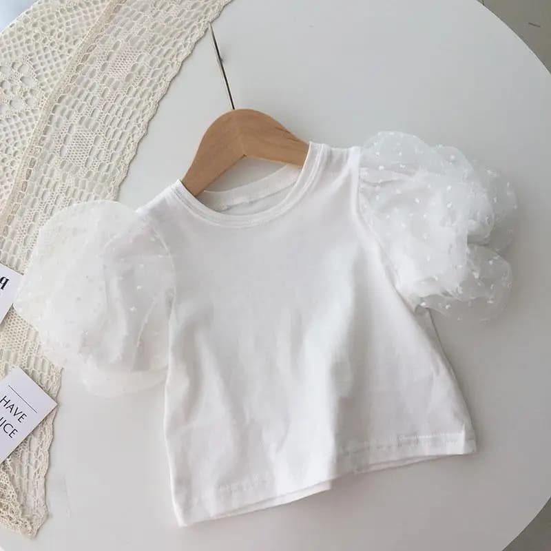 2026 New Summer Baby White Mesh Splice Puff Sleeve Top Girls Short Sleeve Base Shirt Fashionable Toddler T-Shirt