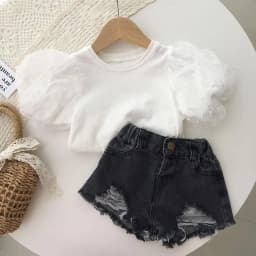 2026 New Summer Baby White Mesh Splice Puff Sleeve Top Girls Short Sleeve Base Shirt Fashionable Toddler T-Shirt