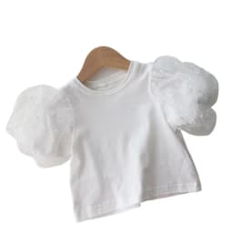 2026 New Summer Baby White Mesh Splice Puff Sleeve Top Girls Short Sleeve Base Shirt Fashionable Toddler T-Shirt