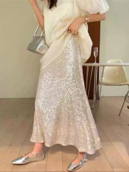 Shiny Sequin Fish Tail Skirt Women's High Waist Mid-Length Slimming A-Line Wraparound Skirt Elegant Trendy Half Body Skirt