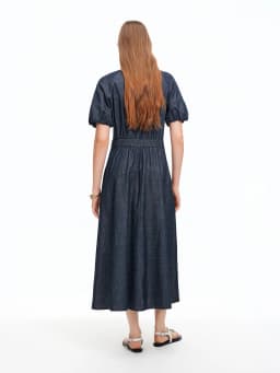 DUSHU Deep Sea Blue V-Neck Tie Strap Jean Dress 2026 Summer New Arrival Elegant Fashion Cotton Contain High-Waisted Long Dress