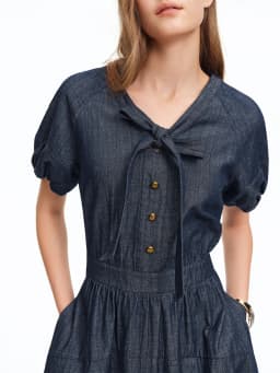 DUSHU Deep Sea Blue V-Neck Tie Strap Jean Dress 2026 Summer New Arrival Elegant Fashion Cotton Contain High-Waisted Long Dress